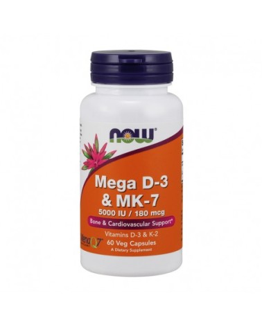 MEGA Vit. D-3 5000 U.I. (125 Mcg) + Vit. Mk7 (180 Mcg) 60 Cápsulas Vg Now